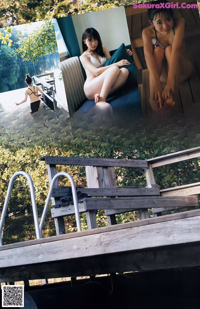 A woman in a bikini sitting on a bench next to a pool.