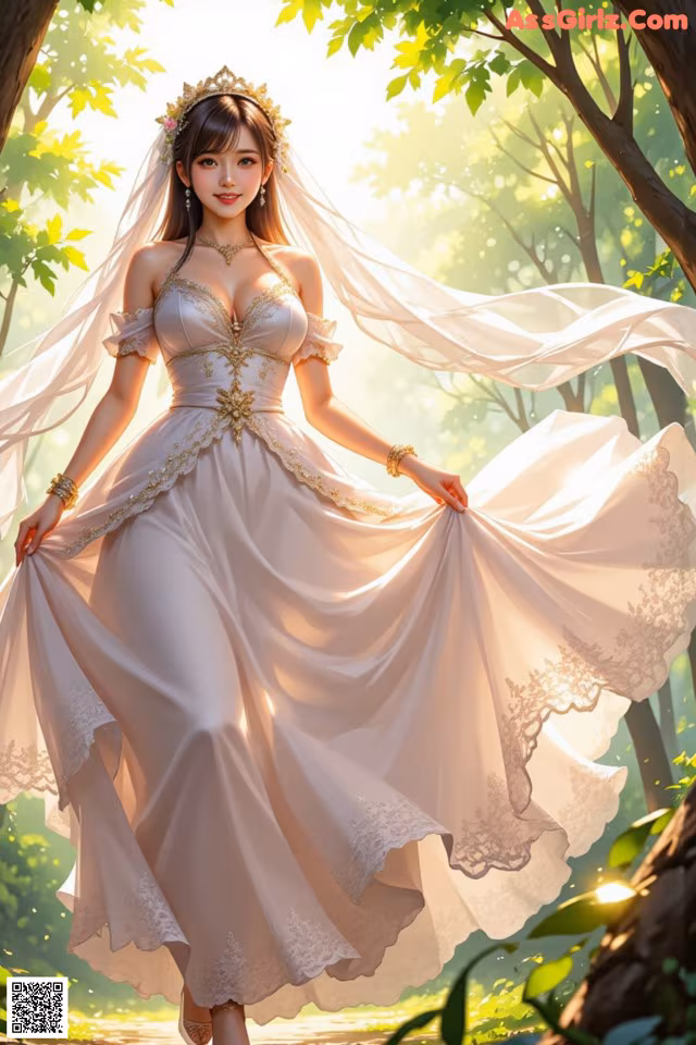 A woman in a wedding dress standing in the woods.