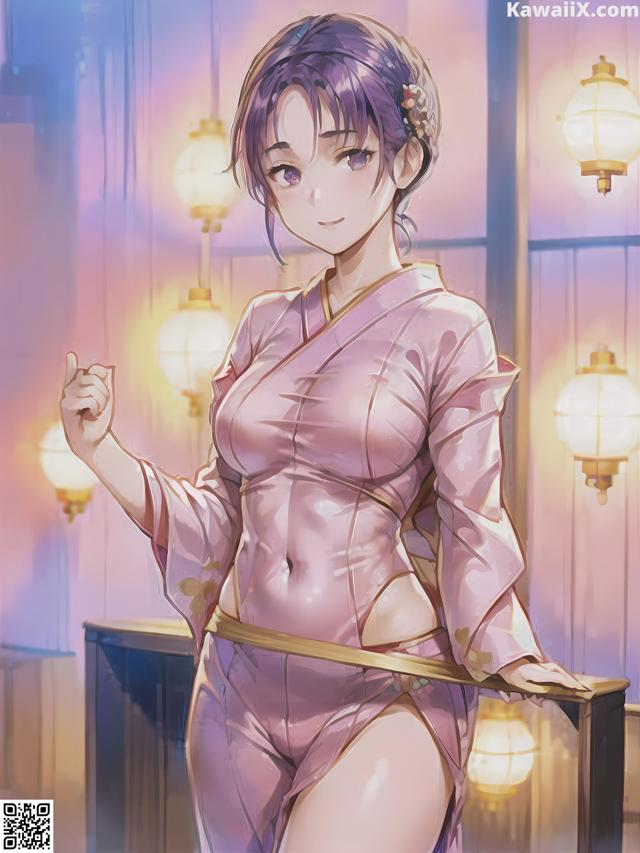 A woman in a pink kimono standing in front of a window.
