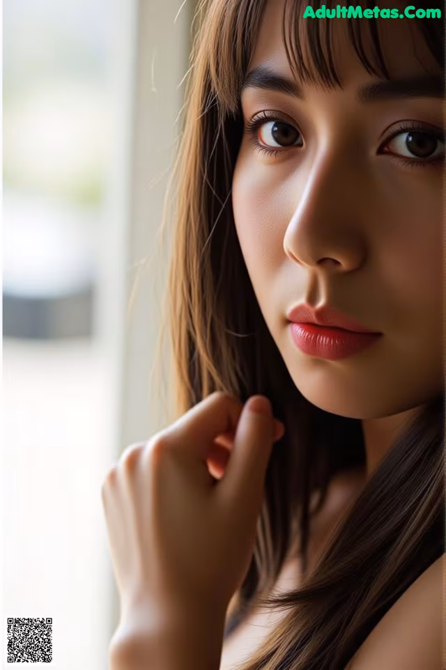 A woman with long brown hair and a red lipstick.