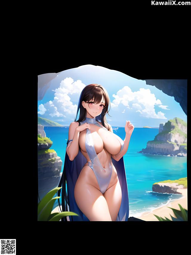 A woman in a bikini standing on a beach next to the ocean.