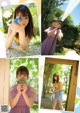 A collage of photos of a girl holding a water gun.