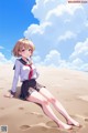 A girl in a school uniform sitting on a sandy beach.