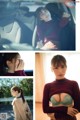 A collage of photos of a woman in a car.