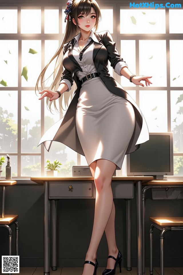 A woman in a white dress and black jacket standing in front of a window.
